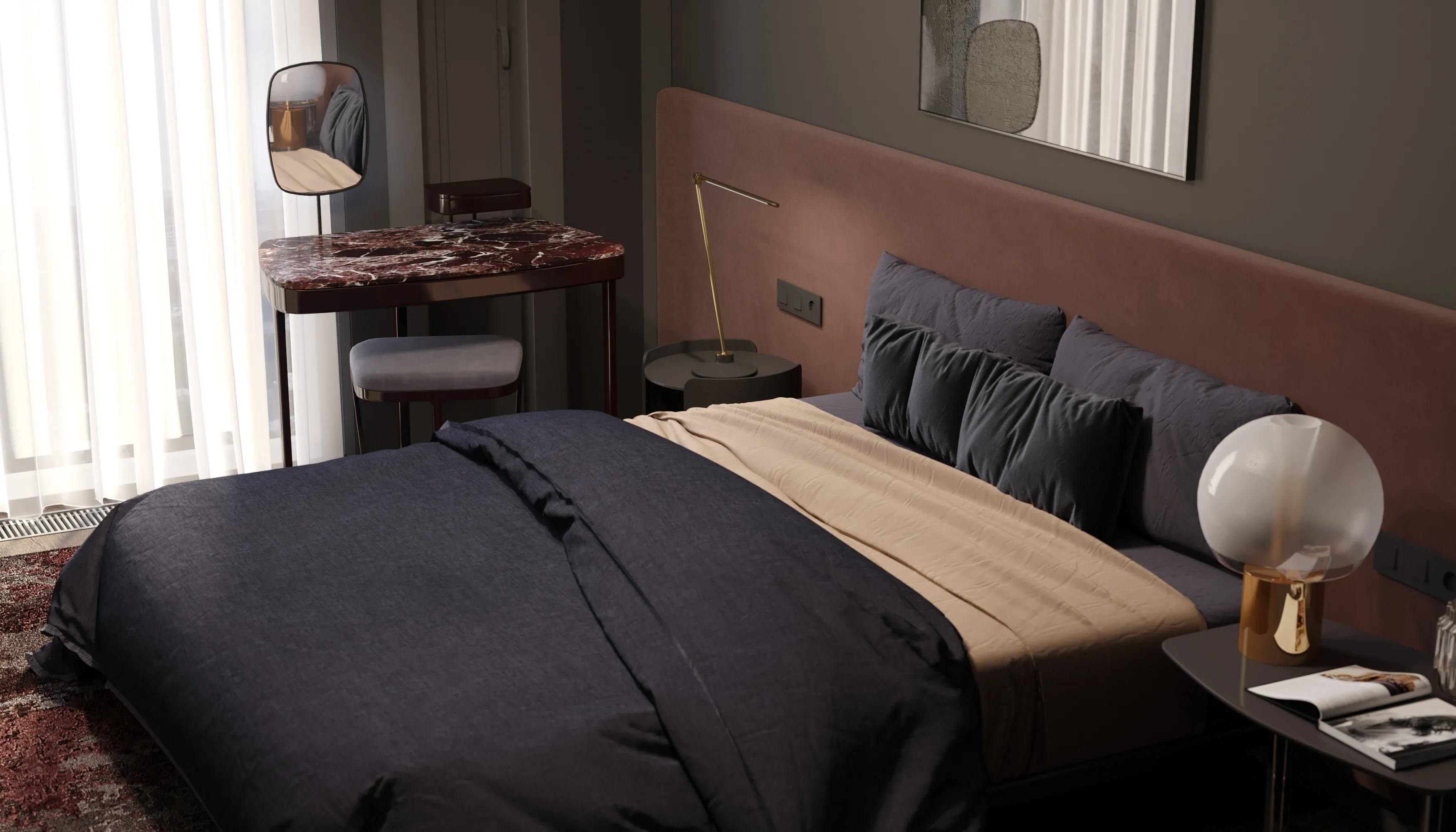 Интерьер мастер-спальни в ЖК Береговой с панорамными окнами и видом на Москву-реку