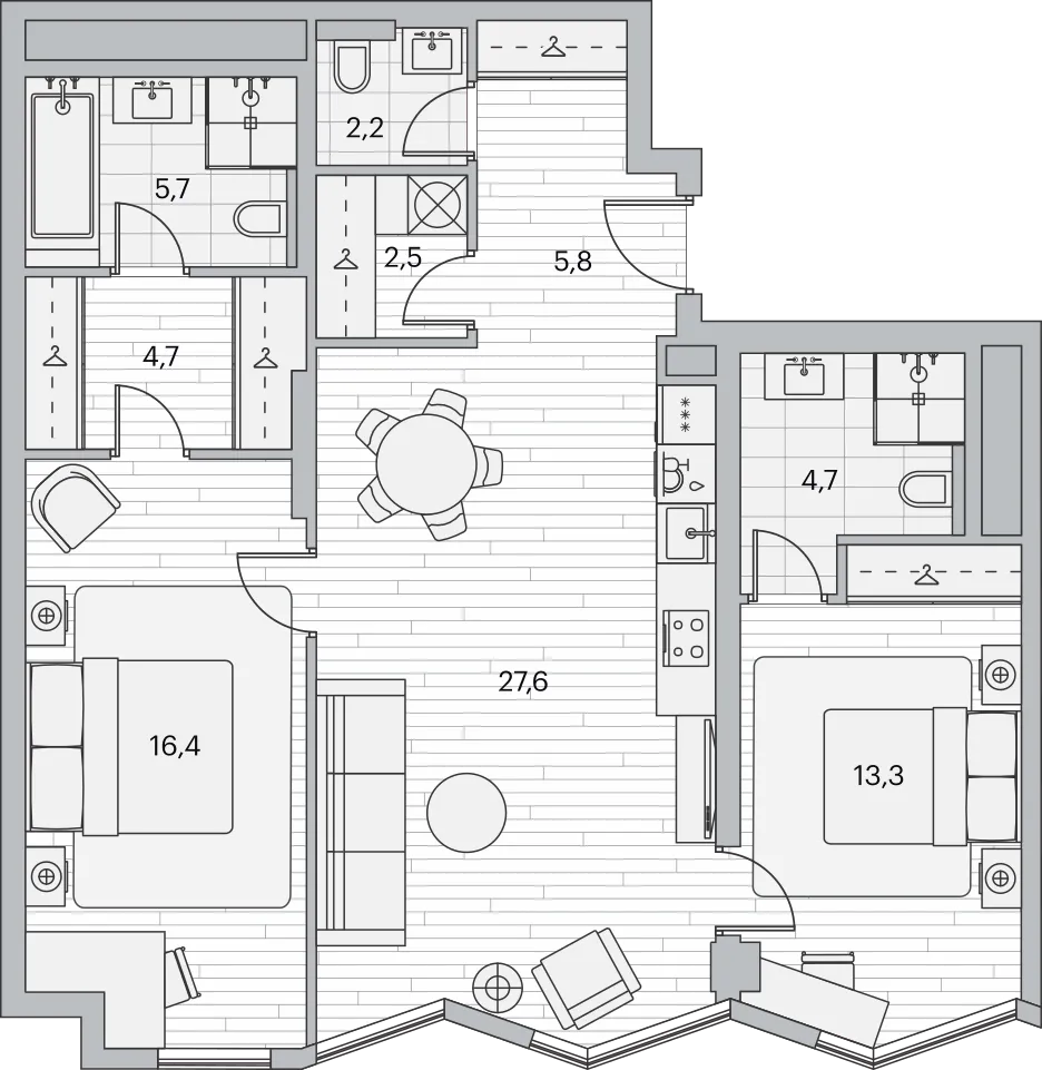 Схемы планировок жилого квартала Береговой, показывающие расположение мастер-спален