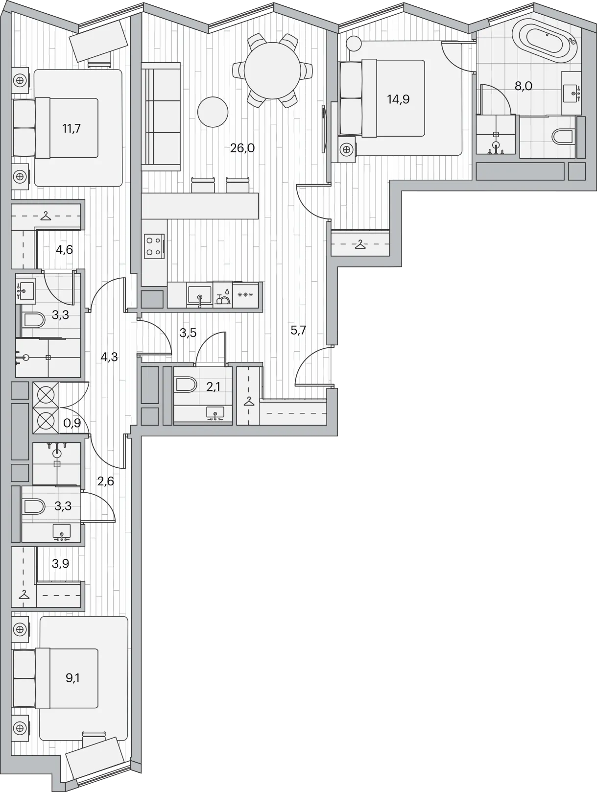 Схемы планировок жилого квартала Береговой, показывающие расположение мастер-спален